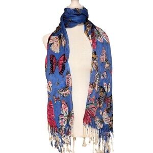 Blue Butterfly Print Scarf Fringe Lightweight Wrap Boho Vibes